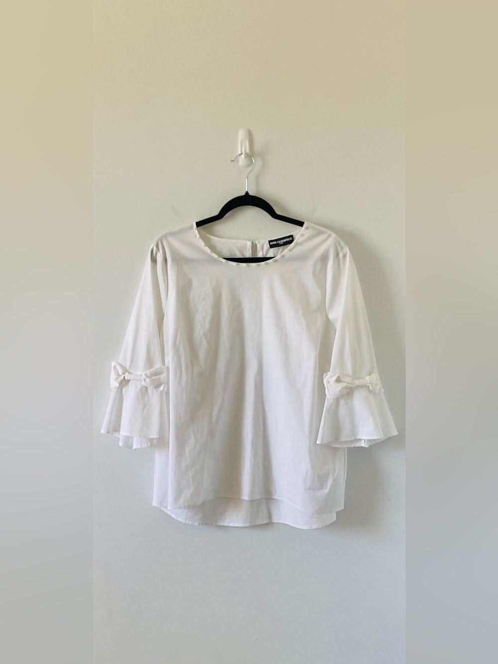 Karl Lagerfeld Pearl Beaded Bell Sleeve Bow Top Blouse White Sz M EUC Coquette